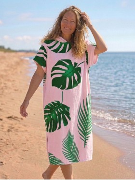 Tropical Leaves Print Hoodie Robe